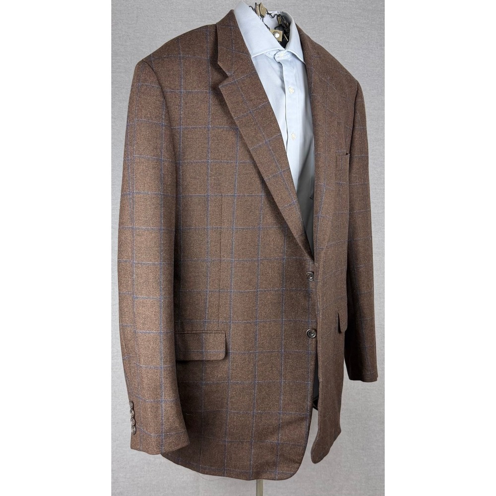 Hickey Freeman Mens 50L Brown Windowpane Wool Blend 2 Button Sport Coat Blazer